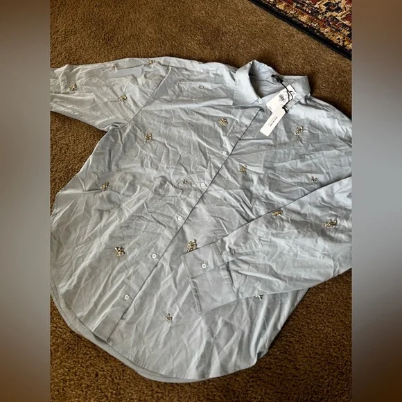 Express Jewel Poplin Blue Top - Picture 3 of 6